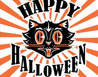 Halloween SVG black cat Cricut cutter file layered vector art graphic download vintage inspired retro face clipart clip for vinyl and more