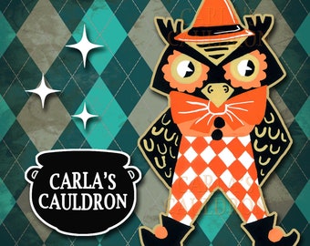Owl witch clipart retro Halloween folk clip art download vintage primitive style PNG PSD JPG graphic illustration hand painted scrapbooking
