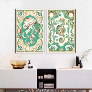 May include: Two framed art prints with a green background and intricate gold and white designs. The left print features a jellyfish with a white bell and red and gold tentacles. The right print features a seahorse with a red and gold body and a white tail.