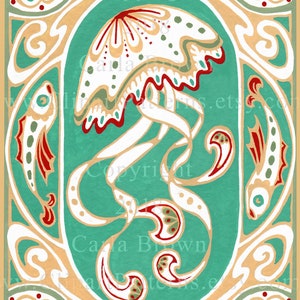 May include: A stylized illustration of a jellyfish with a white body and red, green, and gold accents. The jellyfish is surrounded by a decorative border with a teal background. The text "Copyright 2018 Carla Brown Illustrations.etsy.com" is visible in the image.
