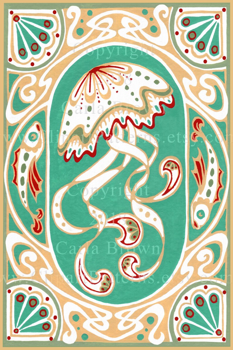 May include: A stylized illustration of a jellyfish with a white body and red, green, and gold accents. The jellyfish is surrounded by a decorative border with a teal background. The text "Copyright 2018 Carla Brown Illustrations.etsy.com" is visible in the image.