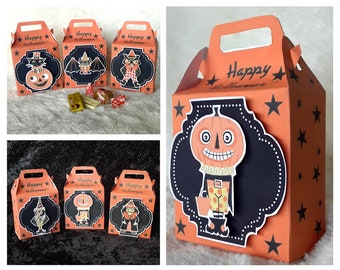 May include: Set of six orange and black Halloween treat boxes with different character designs. The boxes have a fold-over flap and a handle. The text on the boxes reads "Happy Halloween".