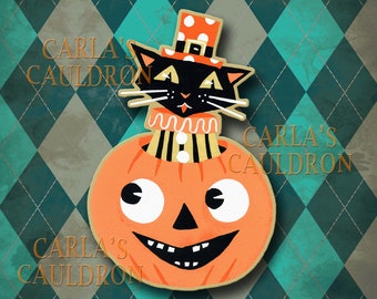 Retro Halloween clipart black cat folk vintage primitive country style clip art download graphic illustration hand painted Carla's Cauldron