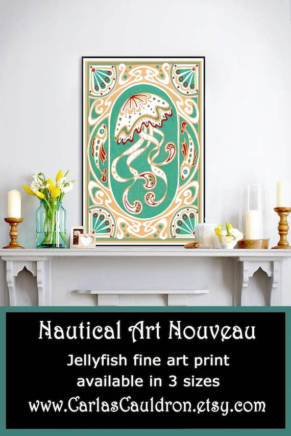 Art deco décor nouveau jellyfish wall print poster painting jelly fish vintage style nautical inspired by Alphone Mucha turquoise gold