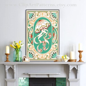 May include: A framed print of a stylized jellyfish with a white body and red accents, surrounded by a decorative border with a teal background. The border features a repeating pattern of stylized fish and floral motifs.