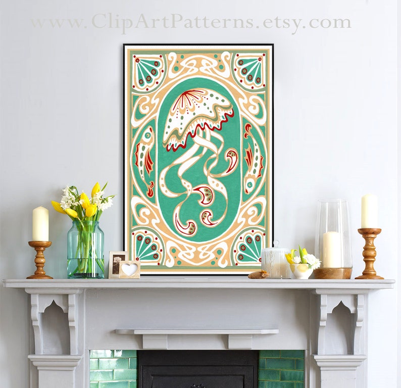 May include: A framed print of a stylized jellyfish with a white body and red accents, surrounded by a decorative border with a teal background. The border features a repeating pattern of stylized fish and floral motifs.