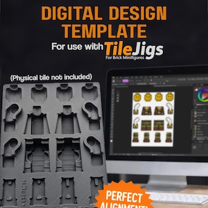 以下が含まれることがあります： Brick Minifigures 用 Tile Jigs で使用する黒色のデジタルデザインテンプレート。テンプレートは、デザインを表示するコンピューターモニターとともに表示されます。テンプレートのテキストは「INSIDE」と「OUTSIDE」です。「PERFECT ALIGNMENT!」というテキストも表示されます。