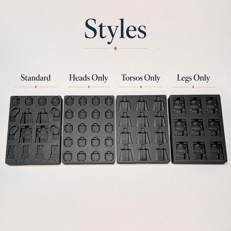 May include: Four black plastic molds for toy building blocks. The molds are labeled "Standard", "Heads Only", "Torsos Only", and "Legs Only". The word "Styles" is printed above the molds.