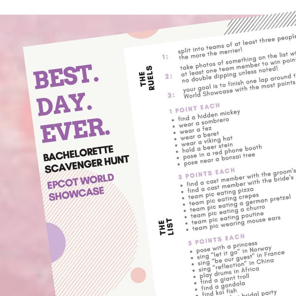 BEST DAY EVER Bachelorette Photo Scavenger Hunt for use at Disney's Epcot Theme Park - Printable | Instant Download