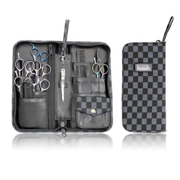 Hairdressing Sturdy Scissor Case - Fits up to 12 Shears - Large Shear Zip Case in Grey Check