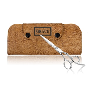 Personalised Hairdressing Scissor Case - Embroidered Hair Cutting Shear Wallet Customised Scissors Tool Roll Pouch in Tan