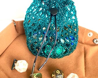 Teal Beaded Dice Bag – Metal Clasp, TTRPG Gift