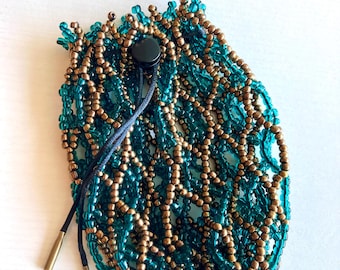 Teal & Copper Beaded Dice Bag - TTRPG, Drawstring Pouch