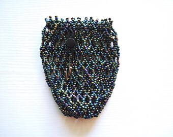 Handmade Beaded Dice Bag – Black Rainbow, Metal Accents