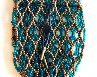Teal & Copper Beaded Dice Bag – TTRPG, Drawstring Pouch