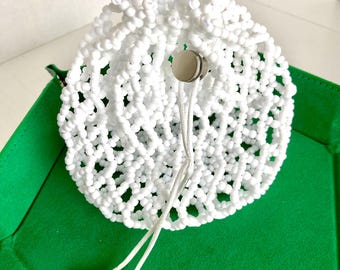 Handmade White Beaded Dice Bag - TTRPG, Silver Finish