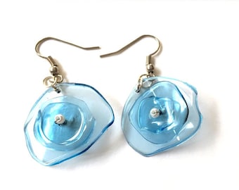 Clear blue earrings, plastic bottle earrings, eco-friendly earrings, recycled bottle earrings