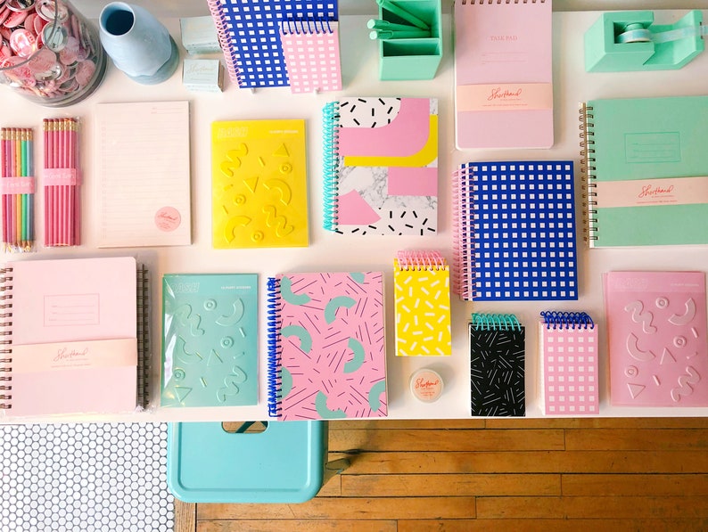 journal cobalt pink rule fun 80/'s school notebook lay flat list pad Lined Memphis Grid Spiral Notebook sketchbook Windowpane Notebook