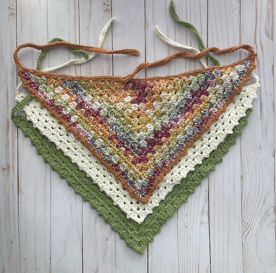 Handmade Crochet Head Bandana, Head Scarf, Kerchief, Boho Bandana, Hair Scarf, Olive Green, Off White, Fall Colors,
