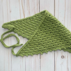 May include: A green crocheted triangle scarf with a scalloped edge and two long ties.
