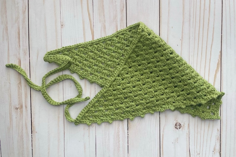 May include: A green crocheted triangle scarf with a scalloped edge and two long ties.