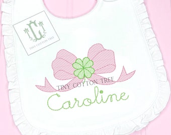 St Patricks Day Embroidered Baby Bib and Burp Cloth / Personalized Shamrock Bow Baby Gift