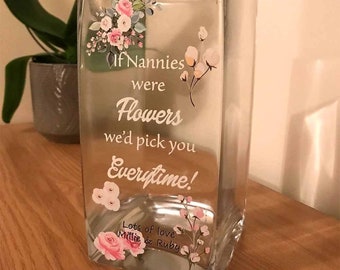 Personalised Pink Floral Vase, Rectangular, 50th, 60th, 70th Birthday Gift for Mum, Grandma, Auntie, Aunty, Nanny, Mother's Day Gifts
