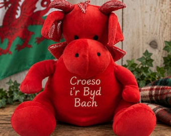 Personalised Welsh Dragon Teddy, Embroidered Red Dragon, Welsh Baby Gift, Cymru Gift, New Baby Keepsake