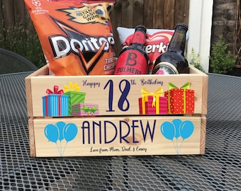 Personalised Birthday Crate, 18th 21st Age Birthday Gift Box, Snack / Drinks / Treat Crate, Special Birthday, Gifts For Him / For Her