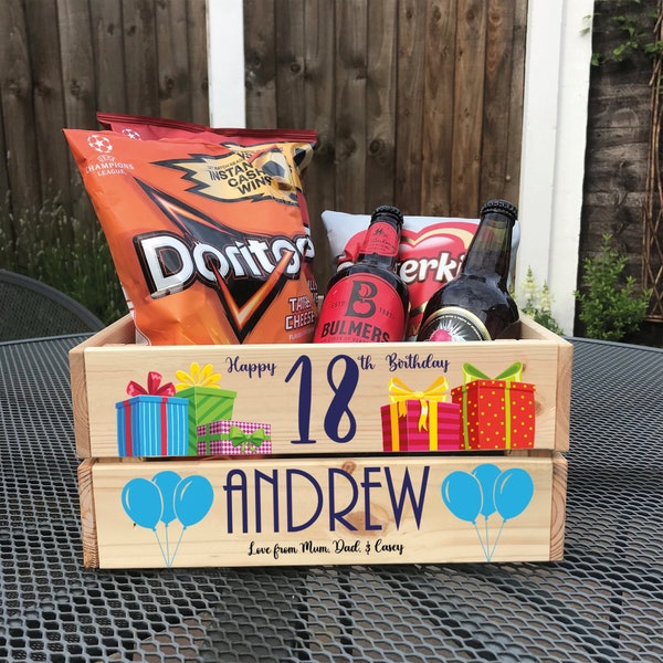 Personalised Birthday Crate, 18th 21st Age Birthday Gift Box, Snack / Drinks / Treat Crate, Special Birthday, Gifts For Him / For Her