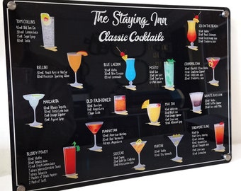 Personalisierte Cocktailkarte mit Nieten, Hausbar Dekor, Pub Schuppen Zubehör, 15 Trinkrezepte, an der Wand befestigte Kunst, Geschenk für Mama, Papa, Frau