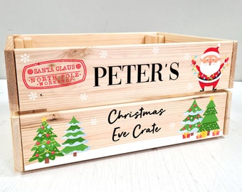 Personalised Christmas Eve Crate | Christmas Trees & Santa | Kids / Childrens / Babies Christmas Box | Xmas Eve Gift Box | Wooden Hamper