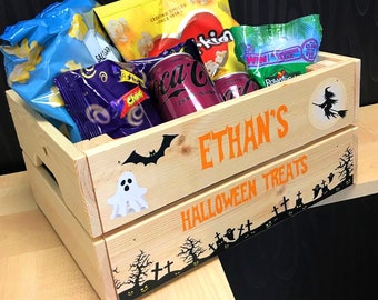 Personalised Halloween Crate | Graveyard Design | Wooden Trick or Treat Box | Hamper Gift | Gifts for Kids, Children, Teens | Snack Crate