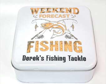 May include: White metal tin with a graphic of a fish and fishing rods. The text on the tin reads "Weekend Forecast Fishing Derek's Fishing Tackle".