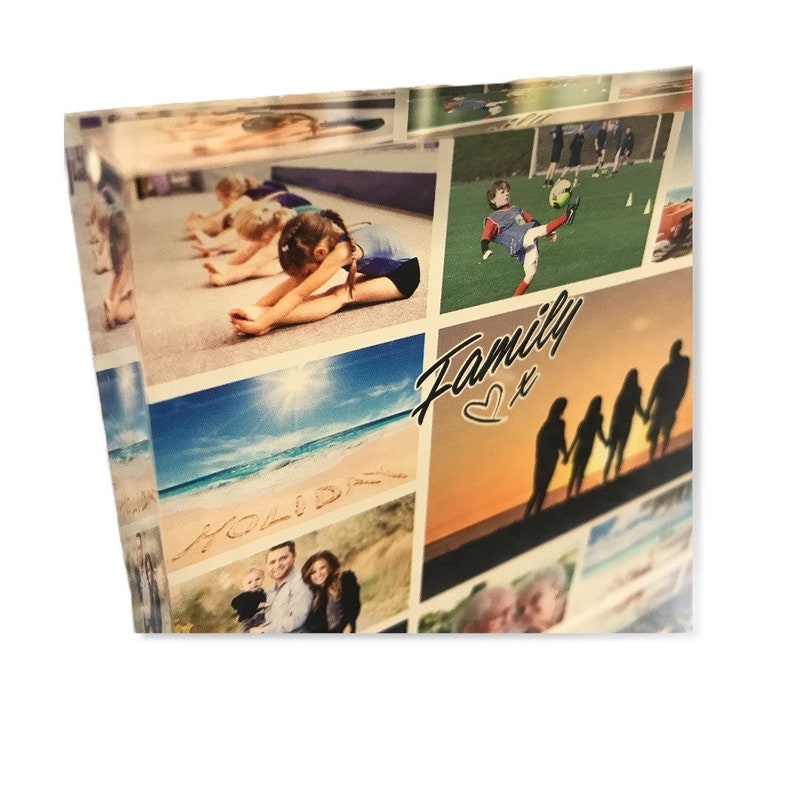 May include: A collage of family photos printed on a clear acrylic block. The photos show a family at the beach, playing soccer, and doing gymnastics. The text "Family" with a heart symbol is printed on the block.
