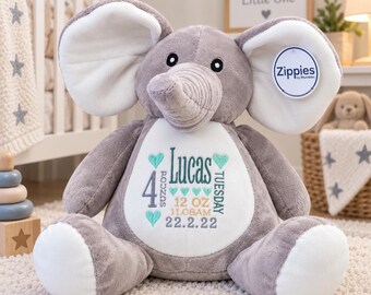 Personalised Elephant Teddy, Embroidered New Baby Gift, Birth Details Soft Toy, Baby Keepsake