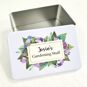 Scatola di latta per giardinaggio personalizzata / Regali di compleanno per giardinieri / Nonna / Nonno / Aggiungi il tuo nome / Festa della mamma / Festa del papà / Scatola di semi da giardino