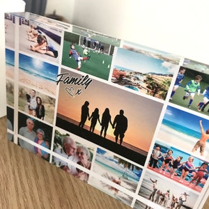 May include: A collage of family photos printed on a clear acrylic block. The photos show a family on vacation, playing sports, and spending time together. The text "Family" is written on the block with a heart and an "x".