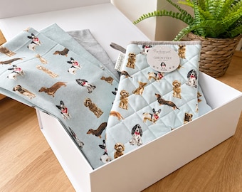 Personalised Curious Dogs Apron, Oven Glove & 3 Tea Towel Set, Kitchen Apron, Gift Set, Mothers Day Gift, Cooking Gift, Cooking Gift Box