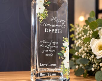 Personalised Retirement Vase, Retirement Gift for Women, Glass Flower Vase, Leaving Gift for Colleague, Co-worker, Boss, Friend