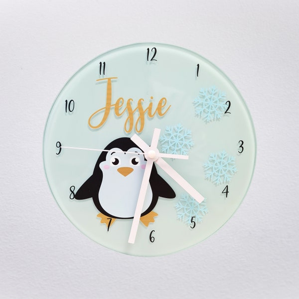 Horloge personnalisée Cartoon Animal Kids | Crèche / Chambre / Salle de jeux | Cadeaux pour tout-petits | Pingouin / Panda / Girafe / Tigre / Renard