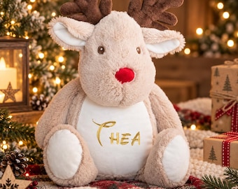 Personalised Reindeer Teddy, Embroidered Christmas Plush, Custom Message Reindeer, Personalised Christmas Gift, Baby Christmas Keepsake