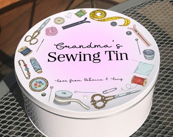 Personalised Sewing Tin | Sewing Storage | Sewing Gifts | Circular Tin | Mother's Day Gifts | Gifts for Mum, Grandma, Nan, Nanny, Nana, Her