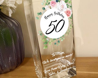Vase d'âge d'anniversaire personnalisé | Cadeau d'anniversaire 50e, 60e, 70e pour femme | Cadeaux pour maman, grand-mère, tante, nounou, grand-mère | Vase à fleurs en verre