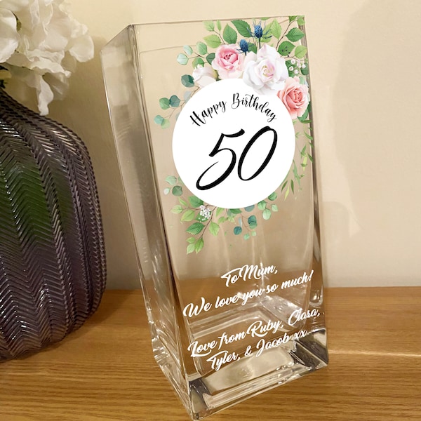 Personalised Birthday Age Vase | 50th, 60th, 70th Birthday Gift for Women | Gifts for Mum, Nan, Auntie, Nanny, Grandma | Glass Flower Vase