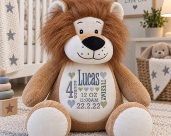 Personalised Lion Teddy, Embroidered New Baby Gift, Birth Details Soft Toy, Baby Keepsake