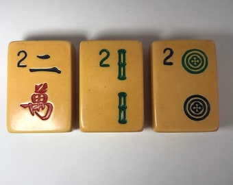 Vintage återvunnen Mahjong-kakelmagnet, set med 3, tvåprickiga bambufigurer, 2 GI