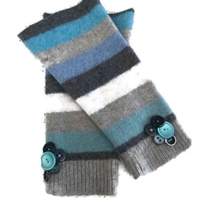 Fingerless Glove Wrist Arm Warmer Blue Striped Handmade Upcycled Felted Wool Sweater Embellished GI
