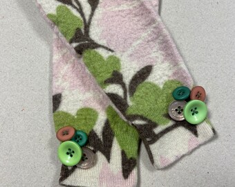 Fingerless Glove Wrist Arm Warmer Green Pink Handmade Repurposed Felted Wool Sweater GI