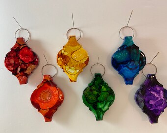 Handmade Christmas Ornament Alcohol Ink Set of 6 Rainbow Small Arabesque Ceramic Tile
